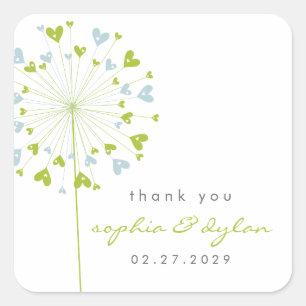 Blue & Green Dandelion Flower Love Hearts Wedding Square Sticker