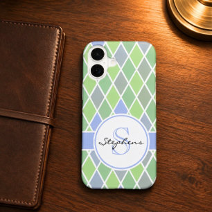 Blue & Green Diamond Pattern Personalised iPhone 16 Case
