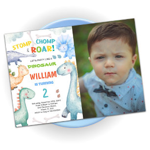 Blue Green Dinosaur Birthday Invitations w photo