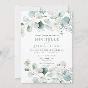 Blue Green Eucalyptus Bouquet Wedding Invitation