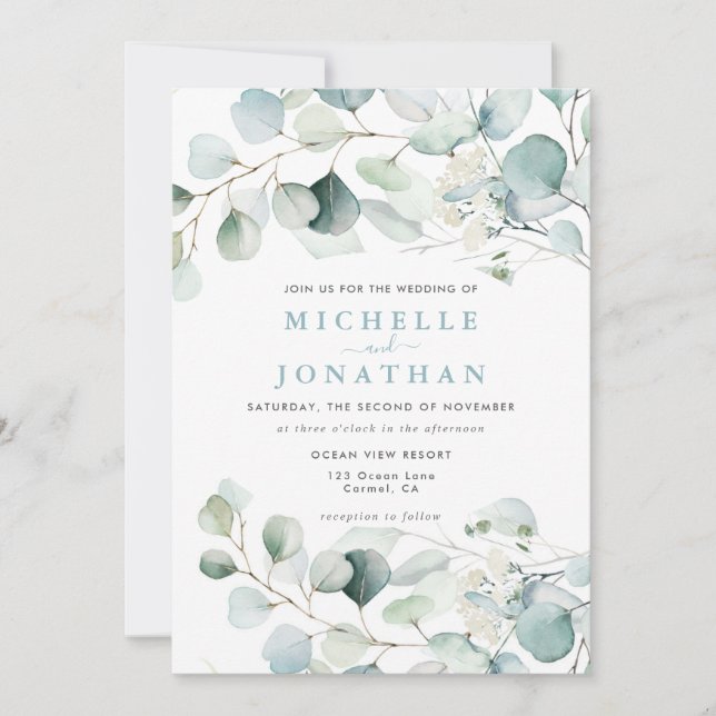 Blue Green Eucalyptus Bouquet Wedding Invitation (Front)