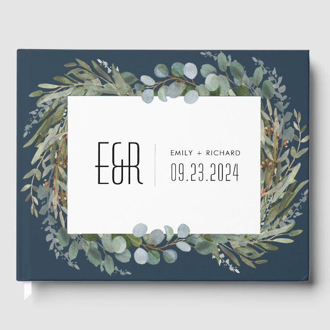 Blue Green Eucalyptus Frame Black on White Guest Book (Front)