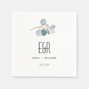 Blue Green Eucalyptus Frame Black on White Napkin