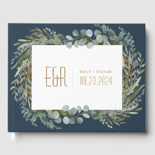 Blue Green Eucalyptus Frame Gold on White Guest Book