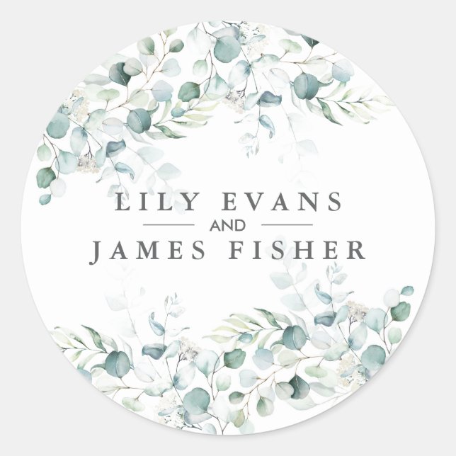 Blue Green Eucalyptus Leaves Wedding Favour Sticke Classic Round Sticker (Front)