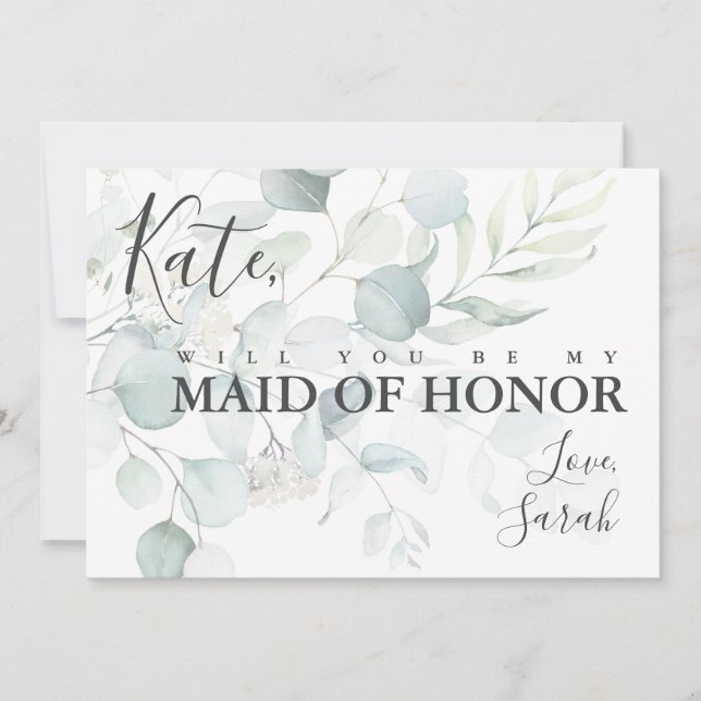 Blue Green Eucalyptus Maid of Honour Proposal Card (Front)
