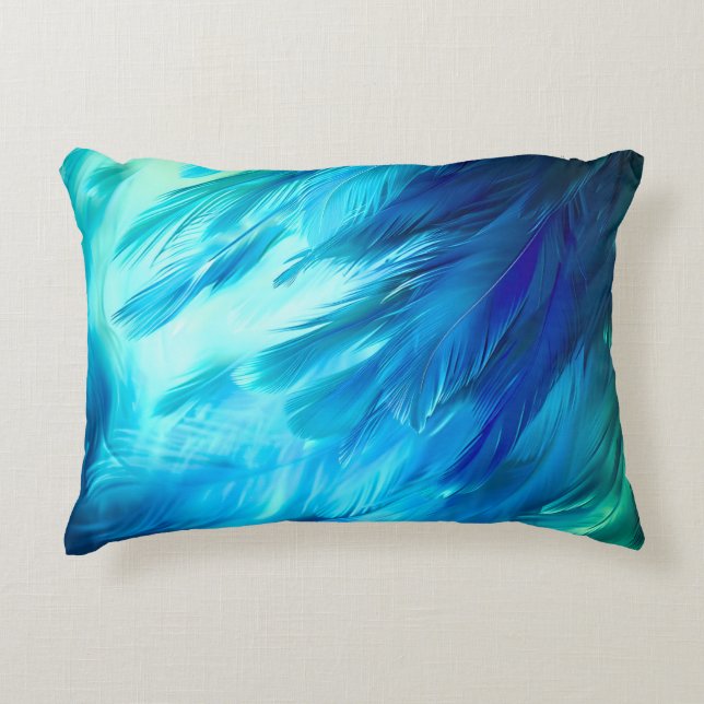 Blue Green Feather Abstract Decorative Cushion (Front)