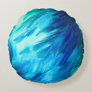 Blue Green Feather Abstract Round Cushion