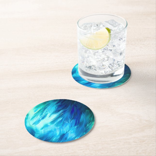 Blue Green Feather Abstract Round Paper Coaster (Insitu)