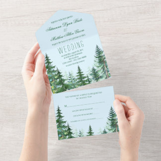 Blue Green Fir Tree All in One Wedding Invitation