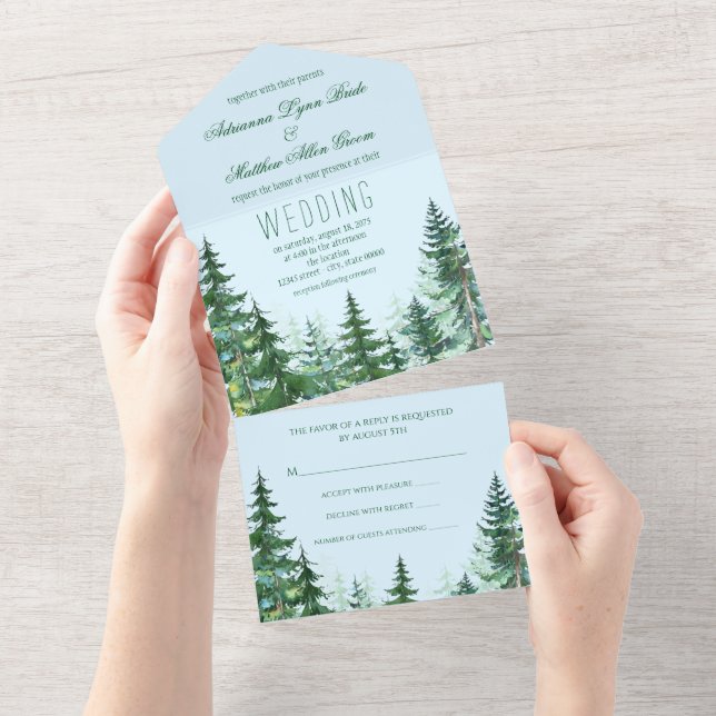 Blue Green Fir Tree All in One Wedding Invitation (Tearaway)