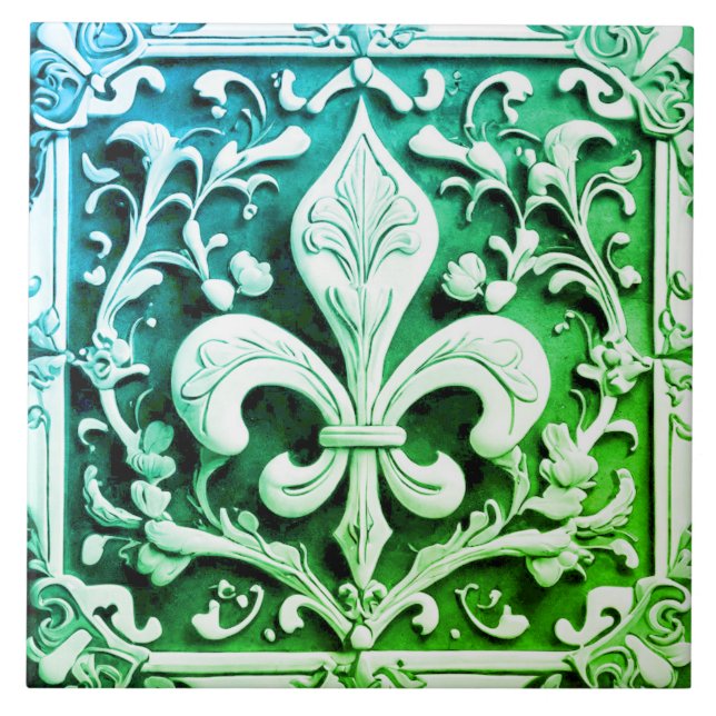 Blue Green Fleur de Lis Tile (Front)