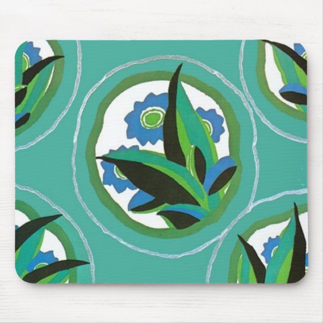 Blue Green Floral Art Deco Mousepad (Front)