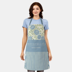 Blue Green Floral Block Print Stripe Apron