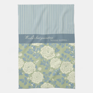 Blue Green Floral Block Print w Blue Stripes Tea Towel