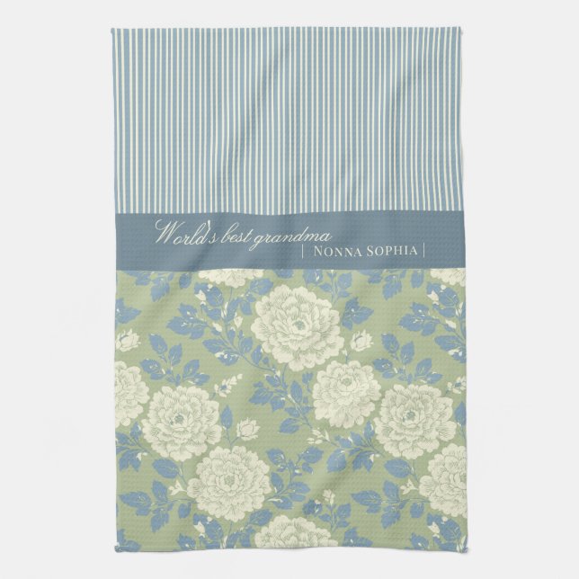 Blue Green Floral Block Print w Blue Stripes Tea Towel (Vertical)