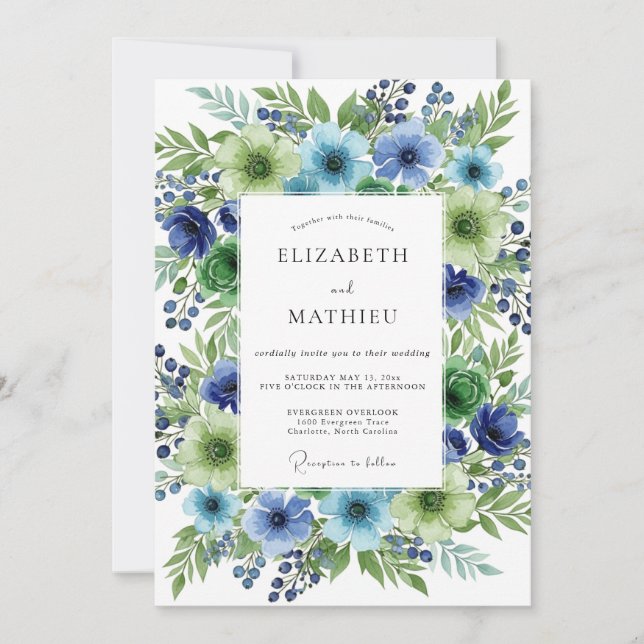 Blue Green Floral Botanical Wedding Invitation (Front)