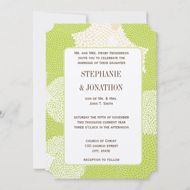 Blue & Green Floral Chrysanthemum Wedding Invitation (Front)