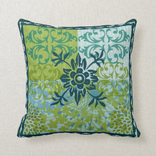 Blue Green Floral Damask Pattern Throw Pillow