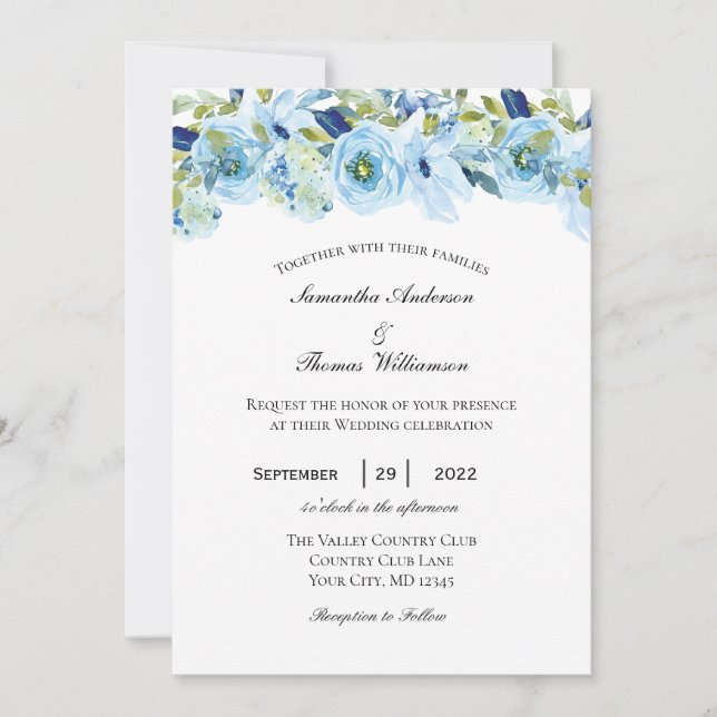 Blue Green Floral Elegant Formal Wedding Invitation (Front)