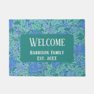 Blue Green Floral Family Name Established Welcome Doormat