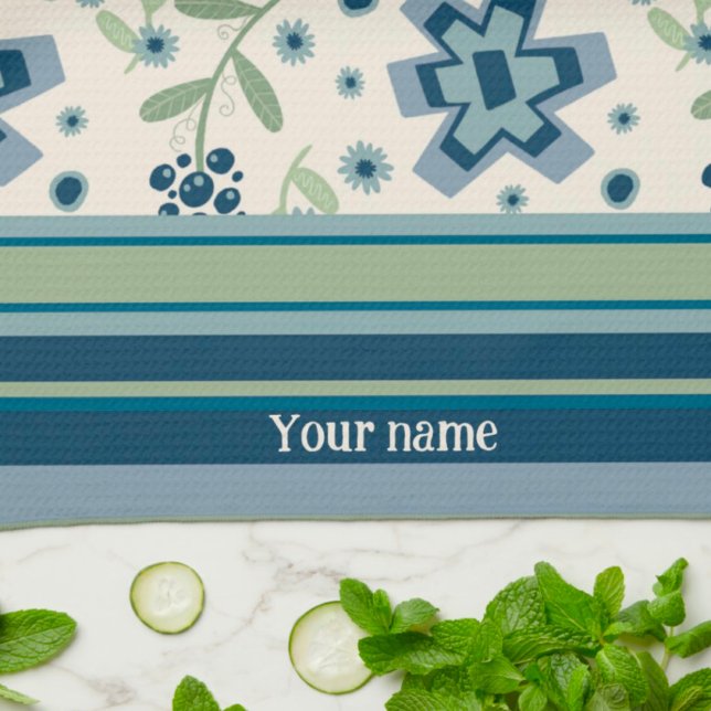 Blue Green Floral Fun Chic Personalised Name Tea Towel (Creator Uploaded)