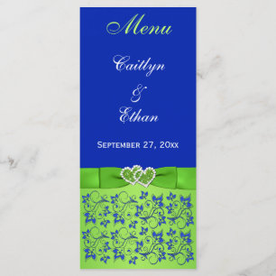 Blue, Green Floral, Hearts Menu Card