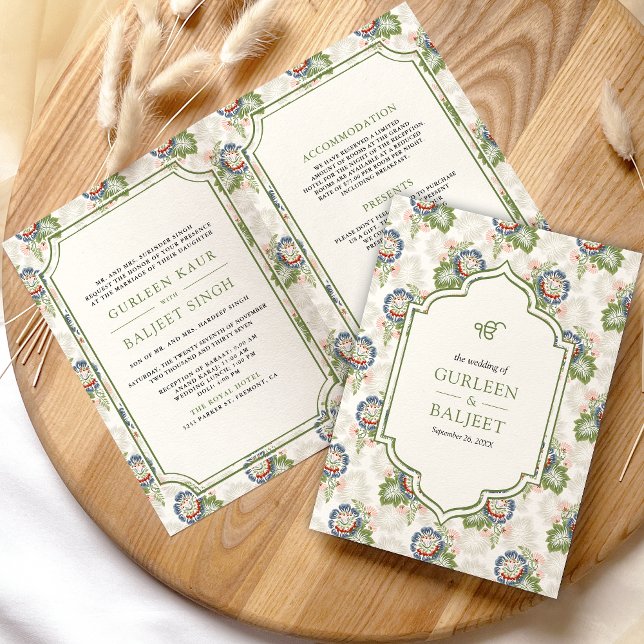 Blue Green Floral Ivory All in One Sikh Wedding Invitation (Creator Uploaded)