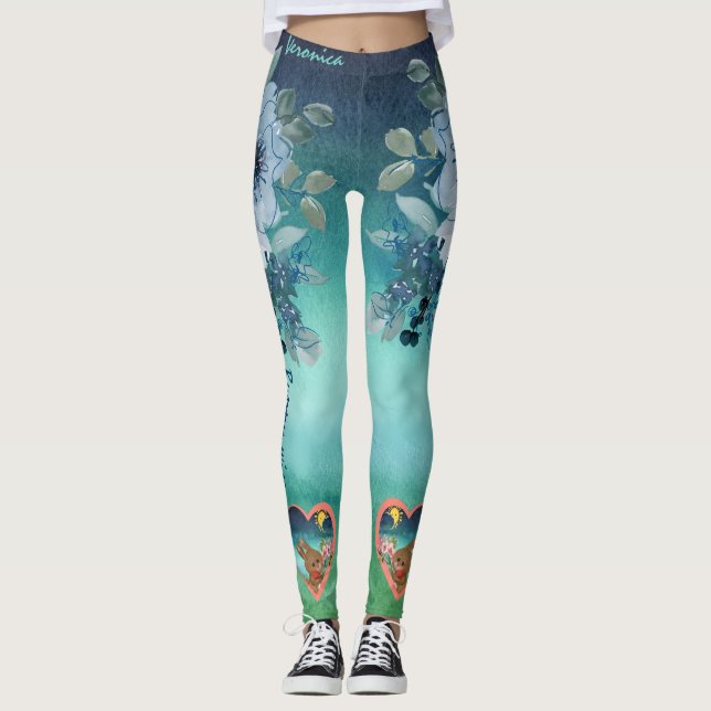 Blue Green Floral  Leggings (Front)