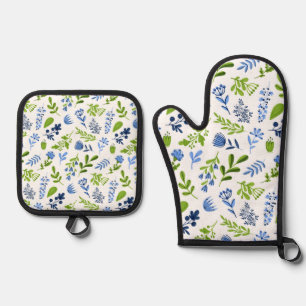 Blue & Green Floral Pattern Oven Mitt & Pot Holder Set