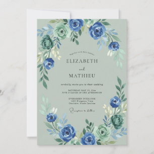 Blue Green Floral Romantic Wedding Invitation