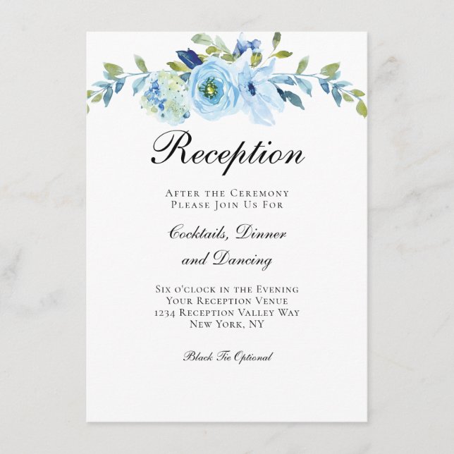 Blue Green Floral Traditional Wedding Reception  Enclosure Card (Front)