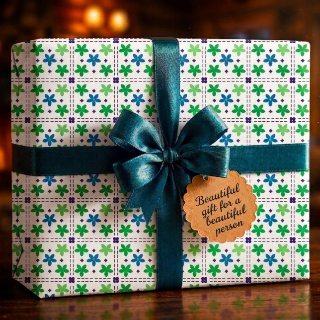 Blue Green Floral Trellis Pattern Design Wrapping Paper (Creator Uploaded)