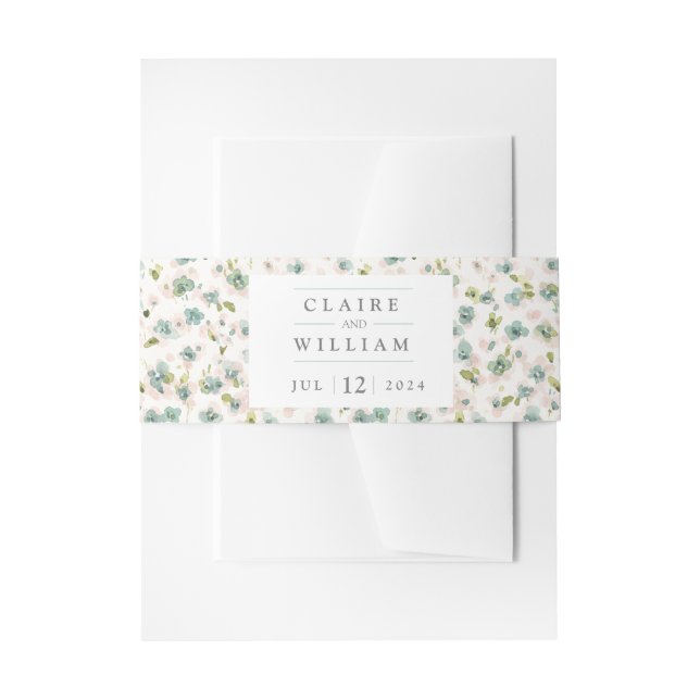 Blue Green Floral Watercolor Wedding Invitation Belly Band (Front Example)
