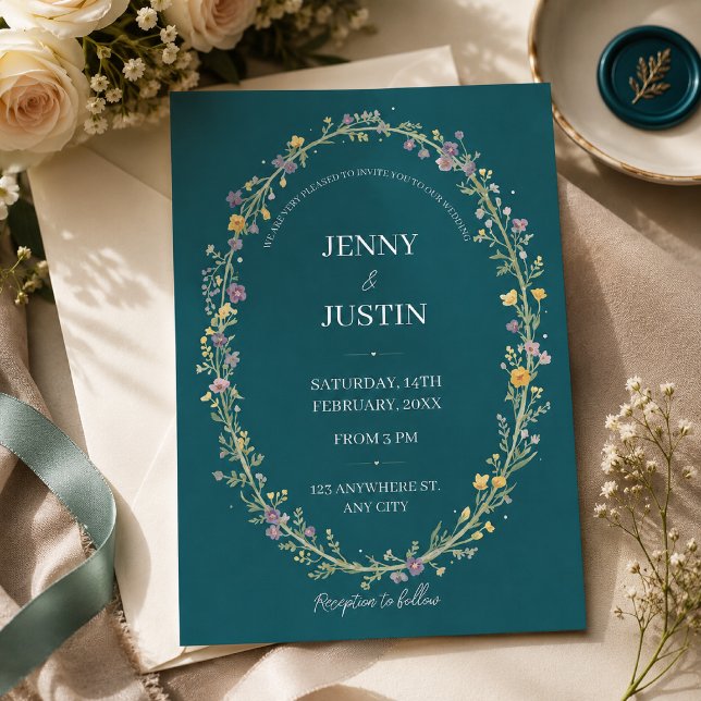 Blue Green Floral Wedding  Invitation (Creator Uploaded)