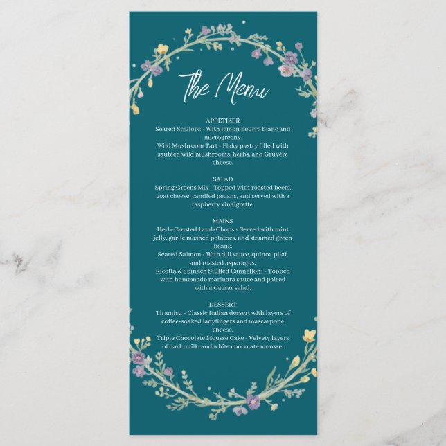 Blue Green Floral Wedding Menu (Front)