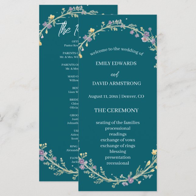 Blue Green Floral Wedding Program (Front/Back)