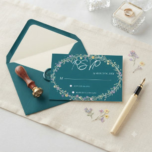 Blue Green Floral Wedding RSVP Card