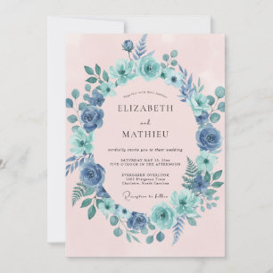 Blue Green Floral Wreath Wedding Invitation