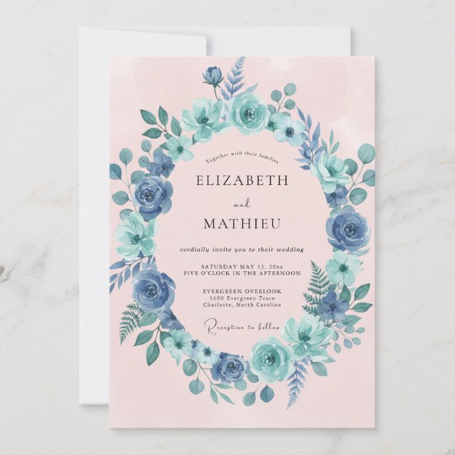 Blue Green Floral Wreath Wedding Invitation (Front)