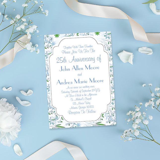 Blue Green Flowers 25th Anniversary Invitation (Creator Uploaded)