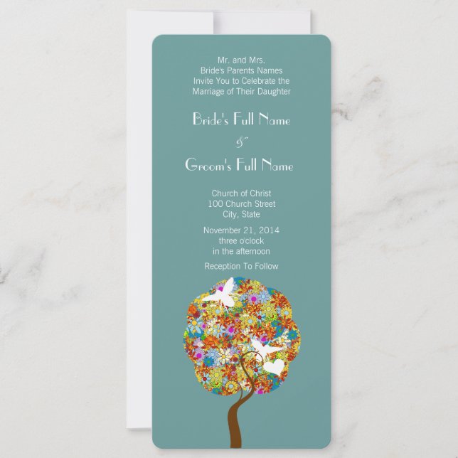 Blue Green Flowers and Bees Wedding Invitation (Front)