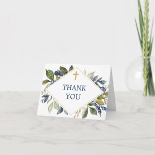 Blue green foliage baptism first communion cross thank you card