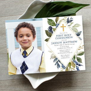Blue green foliage boy first holy communion photo invitation