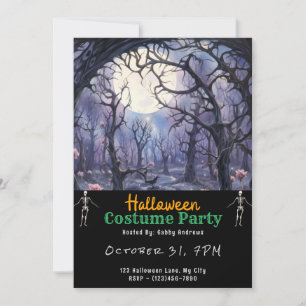 Blue & Green Forest Full Moon Black Halloween Invitation