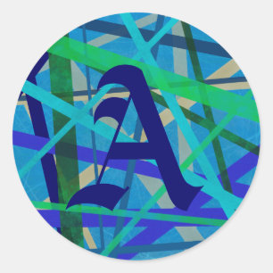 Blue & Green Geometric Pattern Monogram Classic Round Sticker