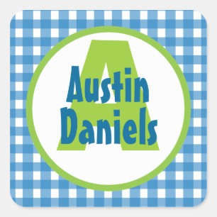Blue Green Gingham Monogram Personalised Stickers