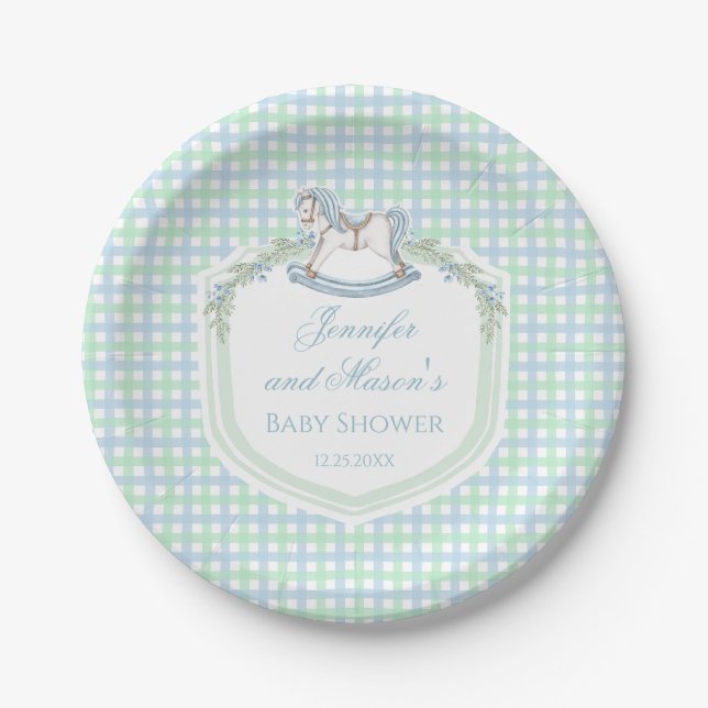 Blue green gingham rocking horse baby boy shower paper plate (Front)