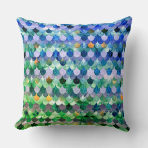 Blue Green Girly Mermaid Fish Scales Cushion