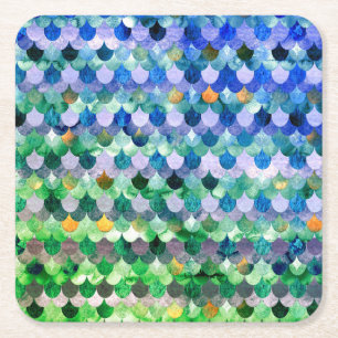 Blue Green Girly Mermaid Fish Scales Square Paper Coaster